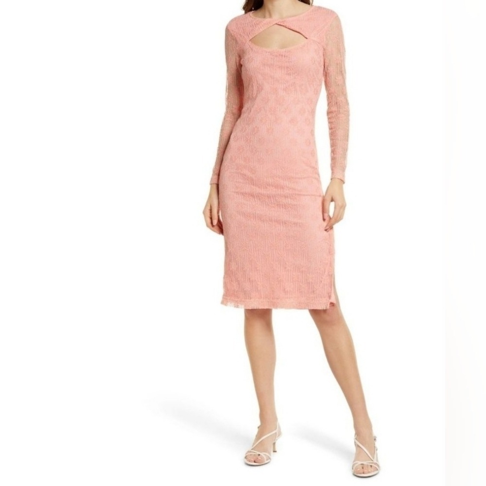 BB Dakota Amici Coral Lace Midi Dress L Cutout Romantic Wedding Guest NWT